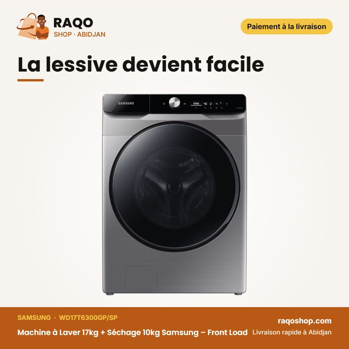 Machine à Laver 17kg + Séchage 10kg Samsung – Front Load – Inox – 2100-2500W | WD17T6300GP/SP