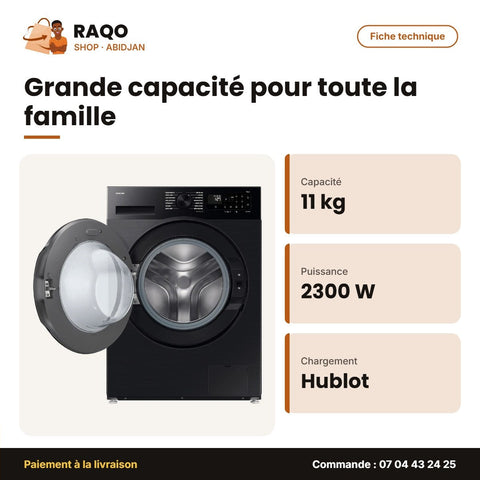 Machine à Laver 11kg + Séchage 6kg Samsung – Front Load – Noire – 1900-2300W | WD11DG5B15BBEU