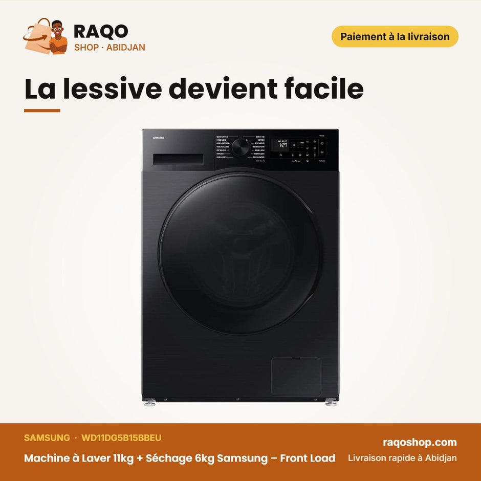 Machine à Laver 11kg + Séchage 6kg Samsung – Front Load – Noire – 1900-2300W | WD11DG5B15BBEU