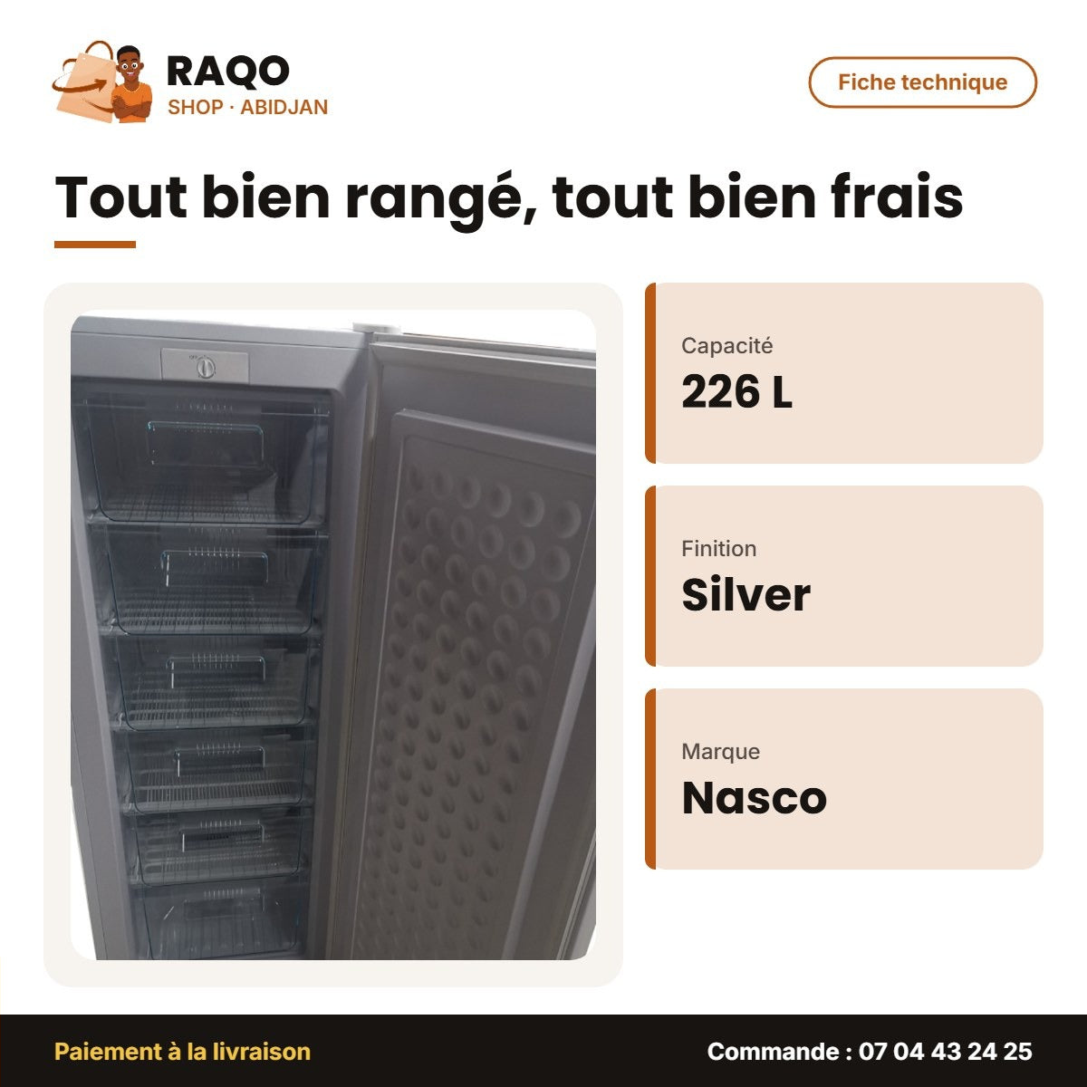 Congélateur Vertical Nasco – 226L (180L Net) – 6 Tiroirs – Silver | NASD1-226FL