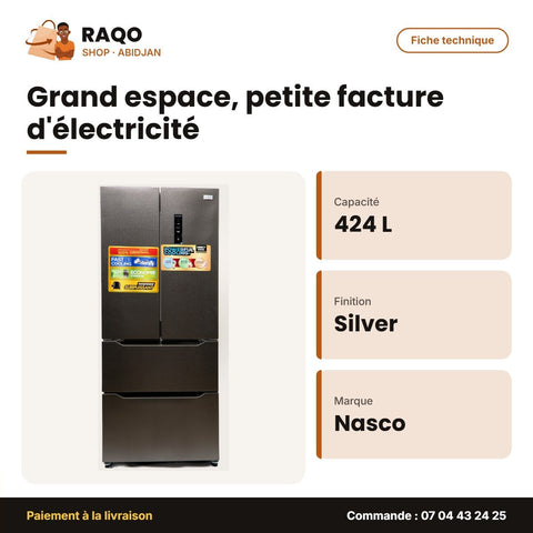 Réfrigérateur Multi-Portes Nasco – 2 PORTES-2 Tiroirs – Silver – 424L | SNASF2-66-1FF