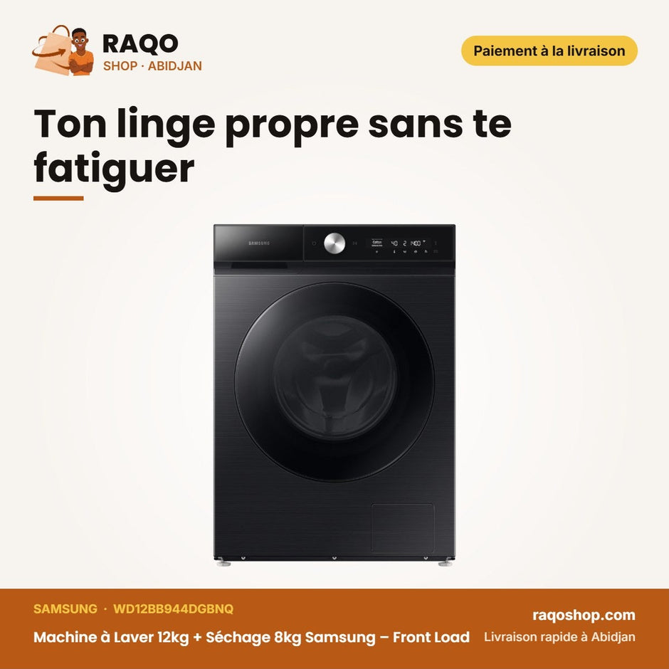 Machine à Laver 12kg + Séchage 8kg Samsung – Front Load – Noir – 1900-2300W | WD12BB944DGBNQ