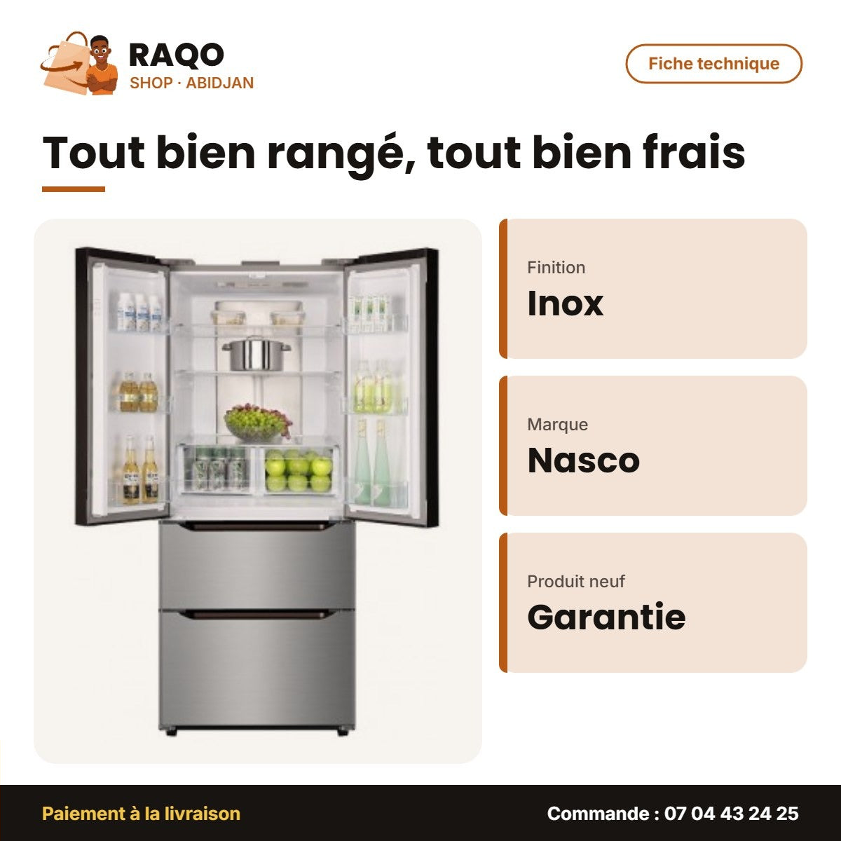 Réfrigérateur Nasco – French Door – 2 Tiroirs – Inox | SNASF2-66.2-F