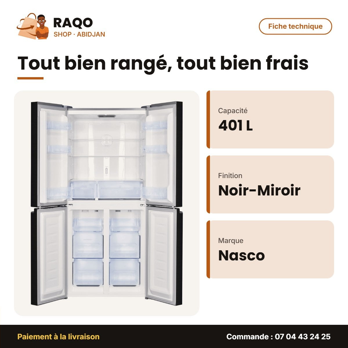 Réfrigérateur Nasco – 4 Portes – 401L Net (268+133) – Noir-Miroir | HNASF4-58.1M