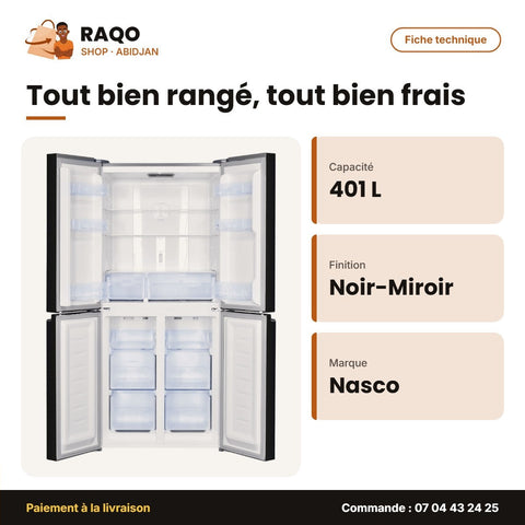 Réfrigérateur Nasco – 4 Portes – 401L Net (268+133) – Noir-Miroir | HNASF4-58.1M