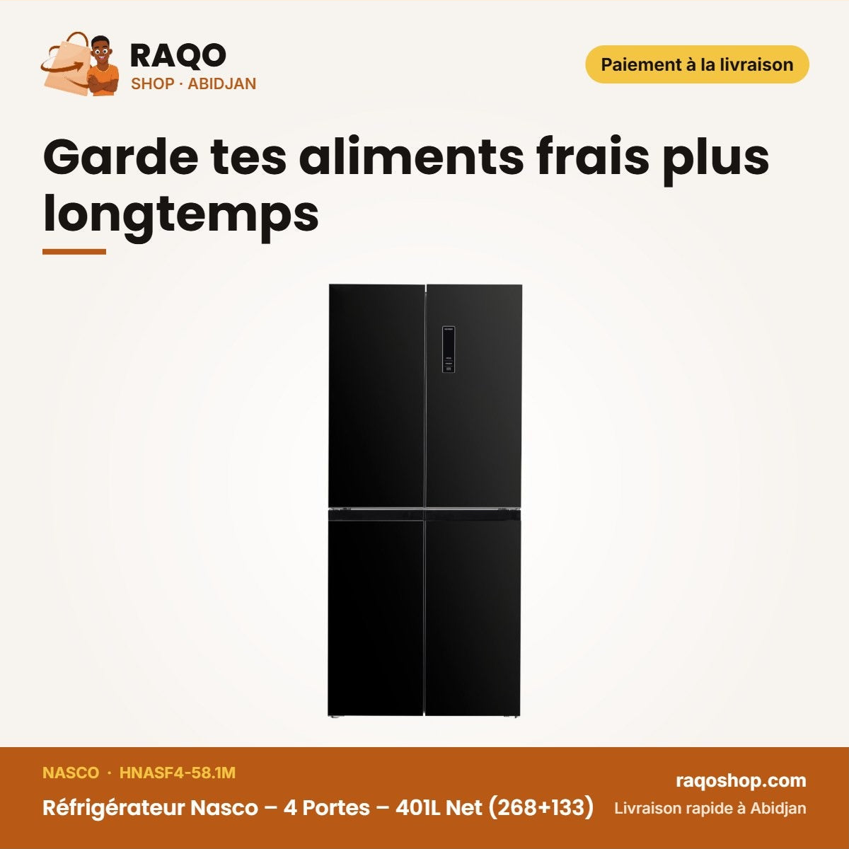 Réfrigérateur Nasco – 4 Portes – 401L Net (268+133) – Noir-Miroir | HNASF4-58.1M