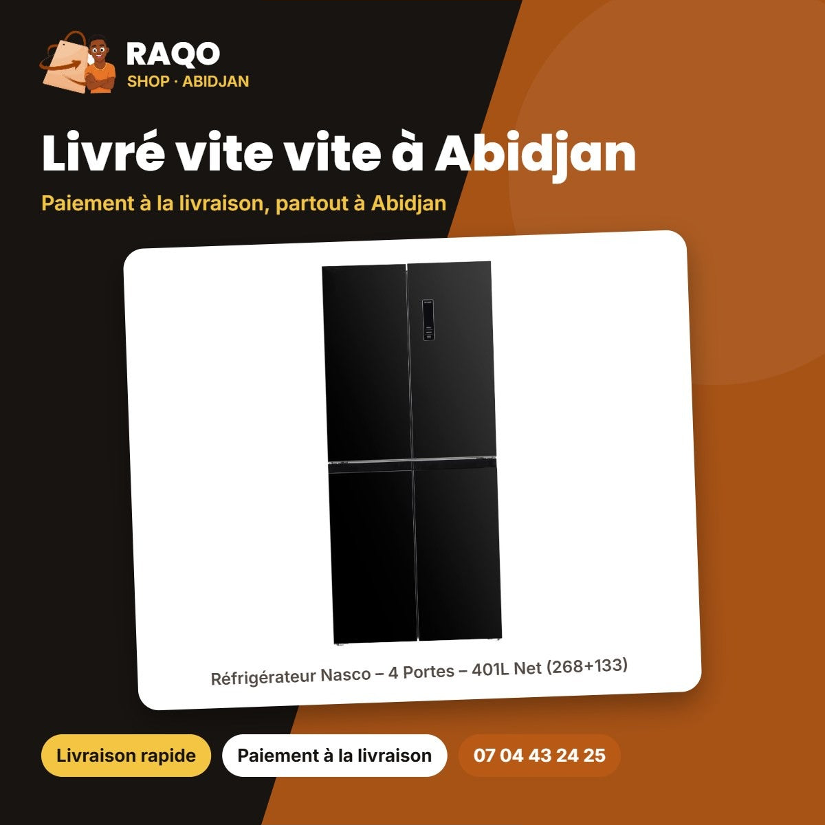 Réfrigérateur Nasco – 4 Portes – 401L Net (268+133) – Noir-Miroir | HNASF4-58.1M