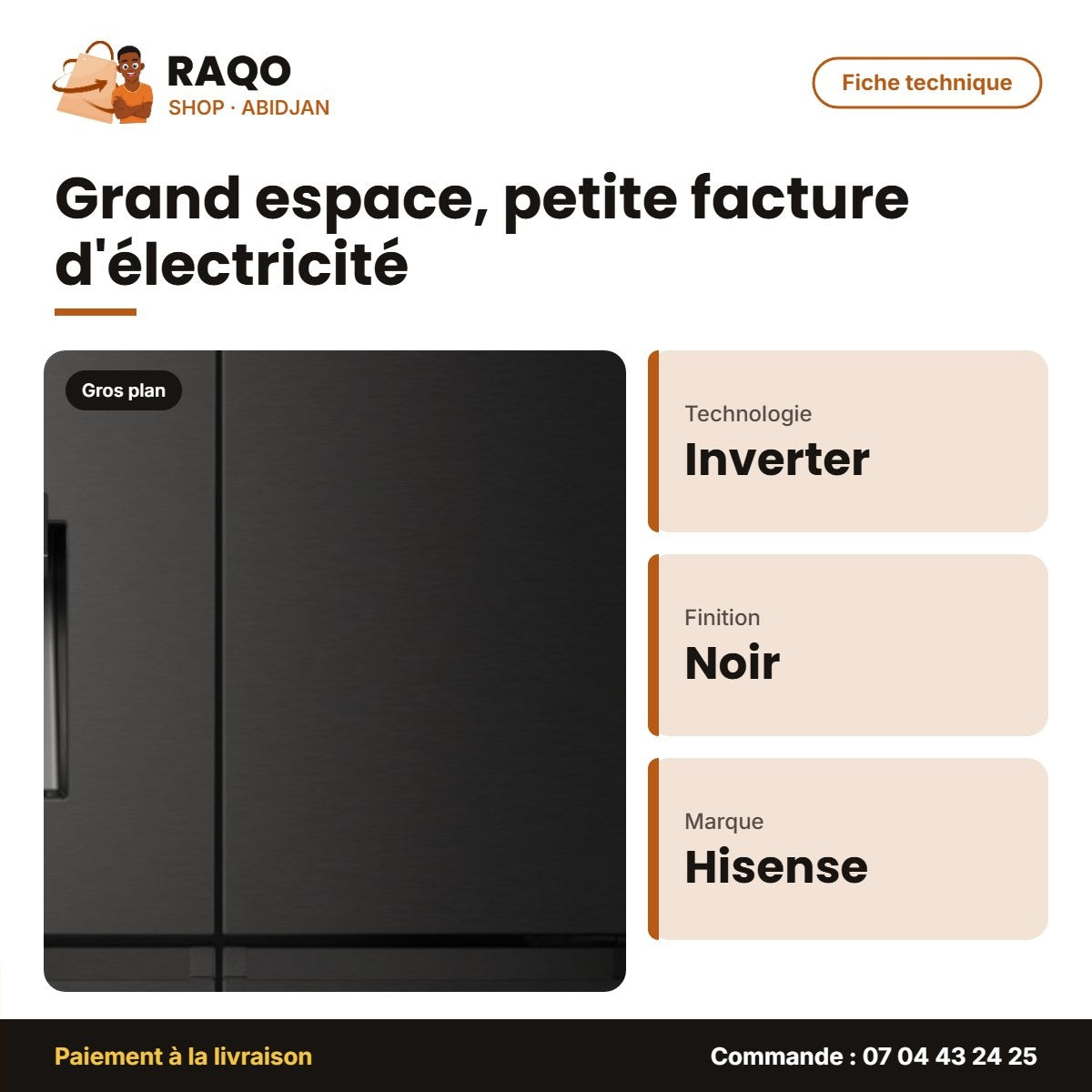Réfrigérateur Américain Hisense – 4 Portes – Noir Matte – Inverter | RC-68WCG