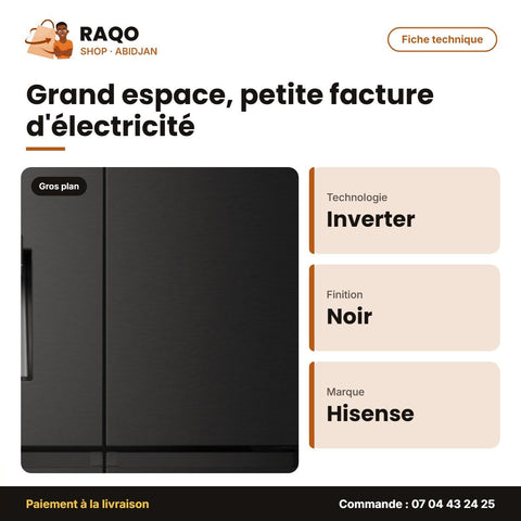 Réfrigérateur Américain Hisense – 4 Portes – Noir Matte – Inverter | RC-68WCG