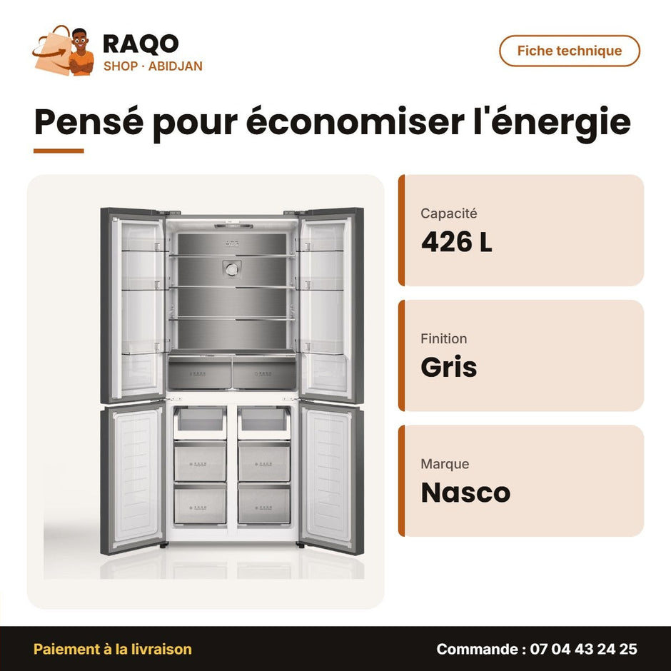 64,4V1B - Réfrigérateur Américain Nasco – 4 Portes – 426L – Gris | SNASF2-64,4V1B