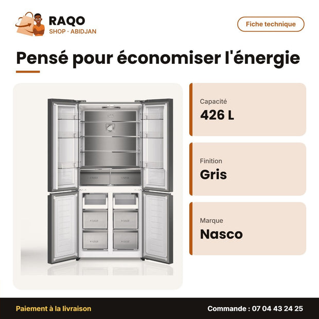 64,4V1B - Réfrigérateur Américain Nasco – 4 Portes – 426L – Gris | SNASF2-64,4V1B