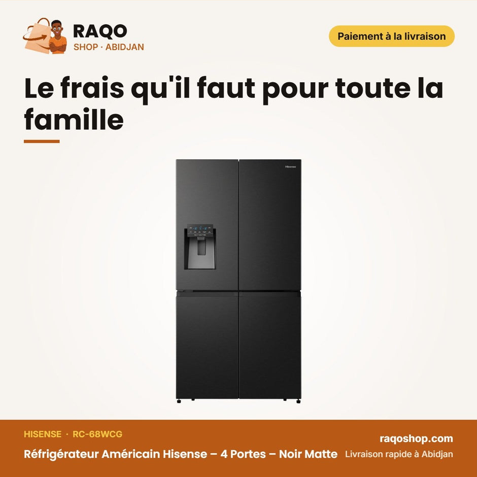 Réfrigérateur Américain Hisense – 4 Portes – Noir Matte – Inverter | RC-68WCG
