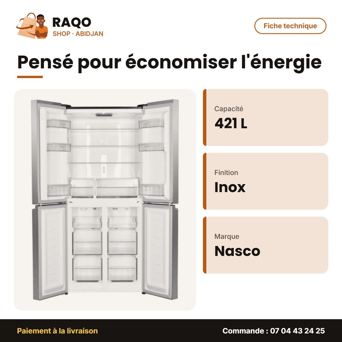 Réfrigérateur Nasco – 4 Portes – 421L Net (271L+150L) – Inox | HNASF4-58S