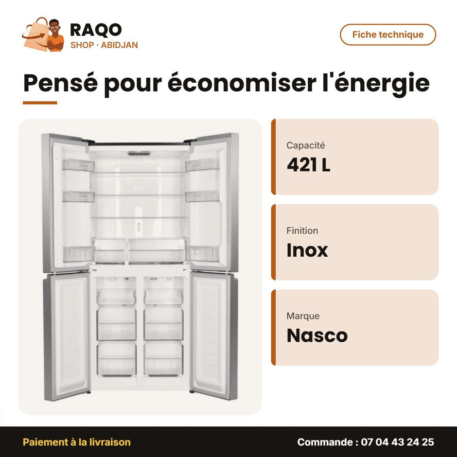 Réfrigérateur Nasco – 4 Portes – 421L Net (271L+150L) – Inox | HNASF4-58S