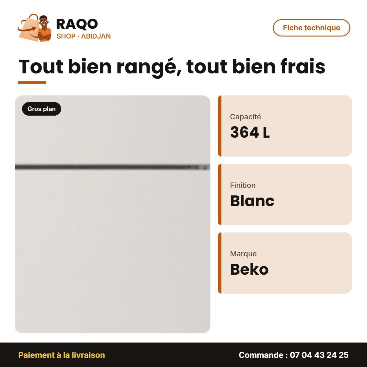 Réfrigérateur 2 Portes Beko – 364L REF+126LT Net Congélateur – Blanc | BEKO_RDSE600M21W