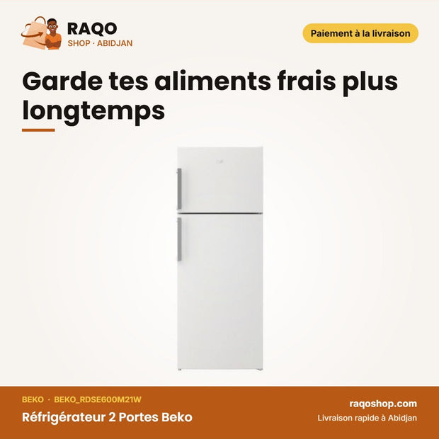 Réfrigérateur 2 Portes Beko – 364L REF+126LT Net Congélateur – Blanc | BEKO_RDSE600M21W