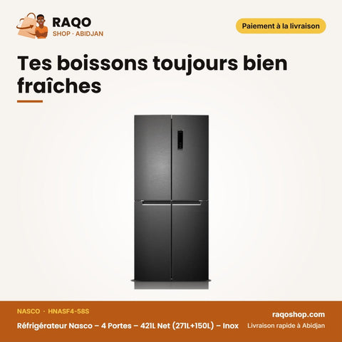 Réfrigérateur Nasco – 4 Portes – 421L Net (271L+150L) – Inox | HNASF4-58S