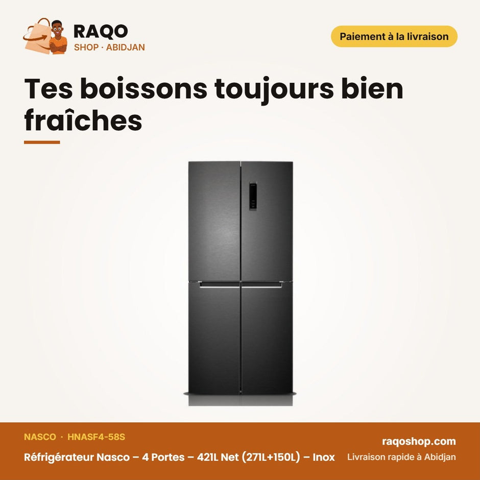 Réfrigérateur Nasco – 4 Portes – 421L Net (271L+150L) – Inox | HNASF4-58S