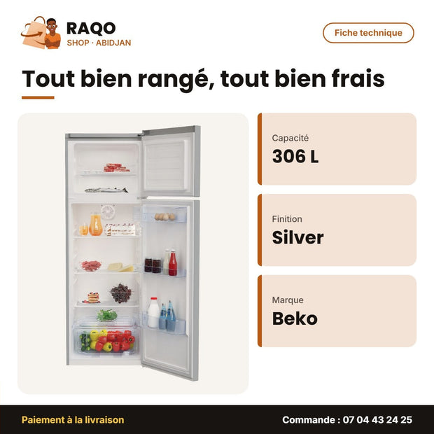 Réfrigérateur Beko – 306L(237L + 69L) – A+ – Silver | RDSA43S