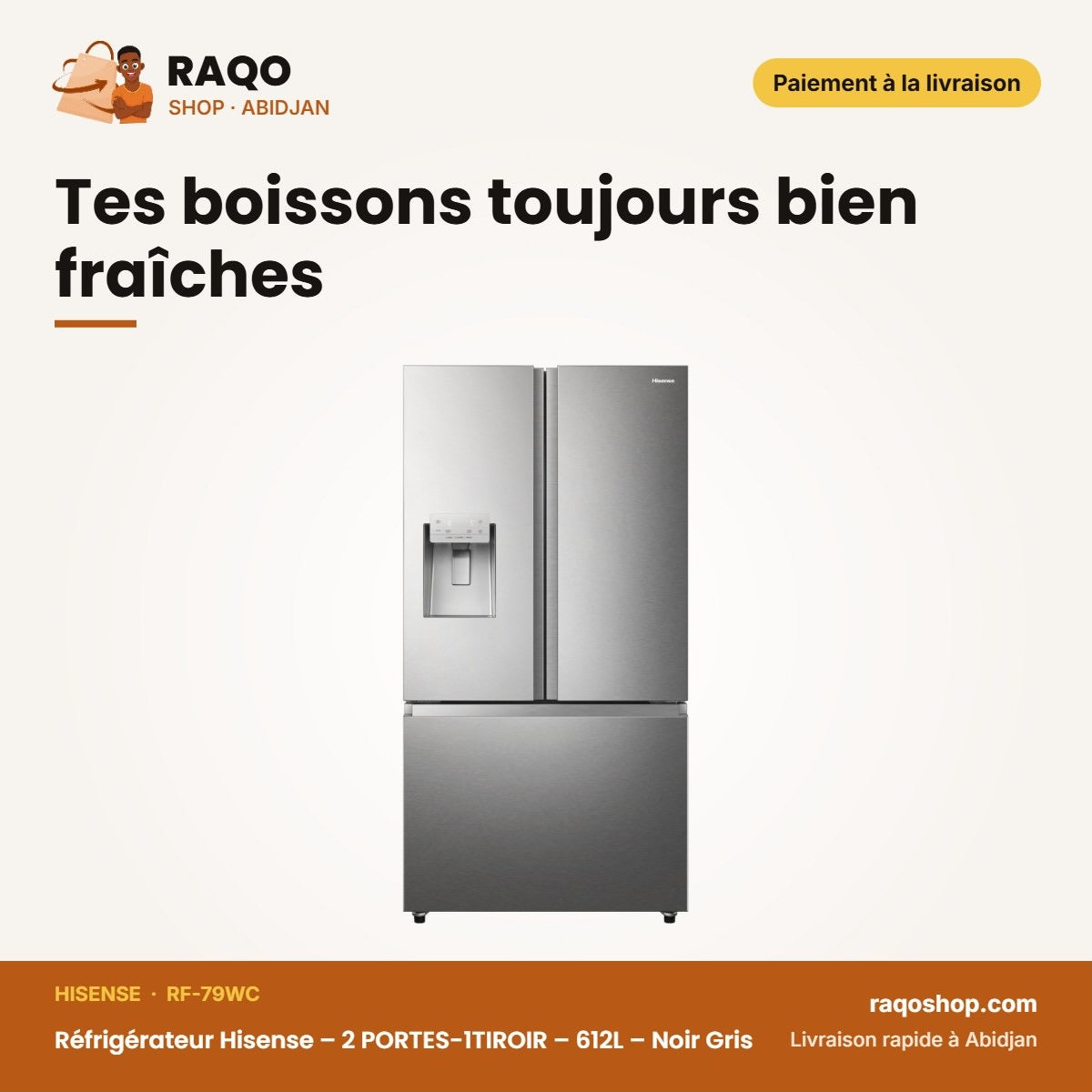Réfrigérateur Hisense – 2 PORTES-1TIROIR – 612L – Noir Gris | RF-79WC
