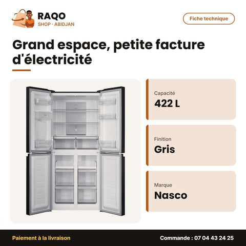 Réfrigérateur Nasco – 4 Portes – 422L Net – Gris Sombre | HNASF4-54S