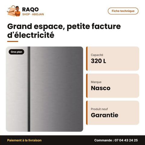 Réfrigérateur Nasco – 2 PORTES-2 Tiroirs – 320L (191L+129L) – No Frost | HNASFS4-36S