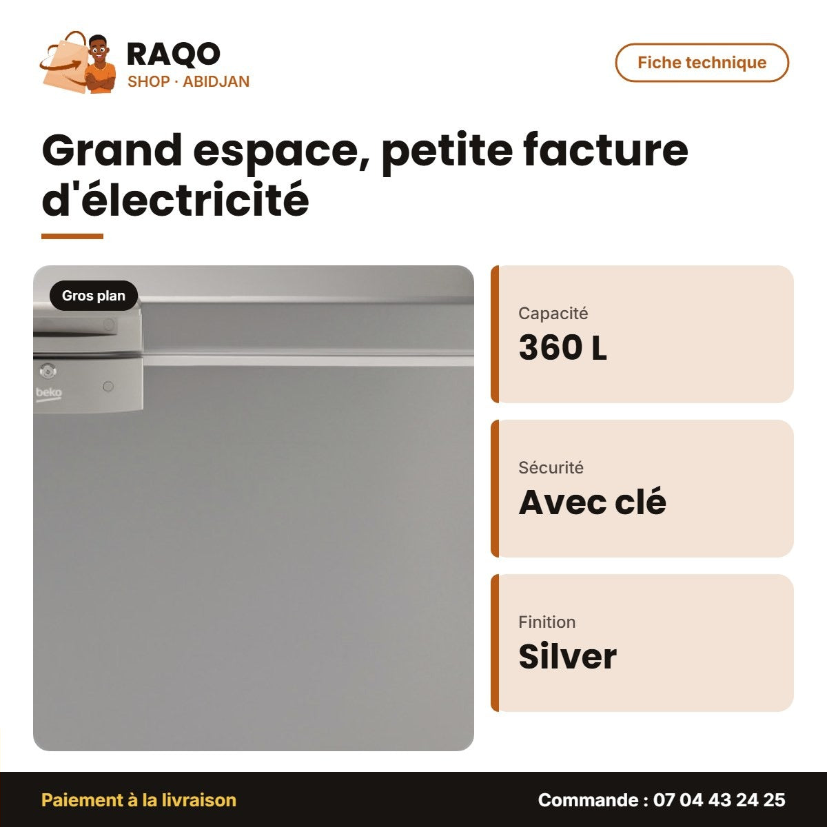 Congélateurhorizontal Beko – 360L – Silver – Avec Clé | BEKO_HSA-40502-S