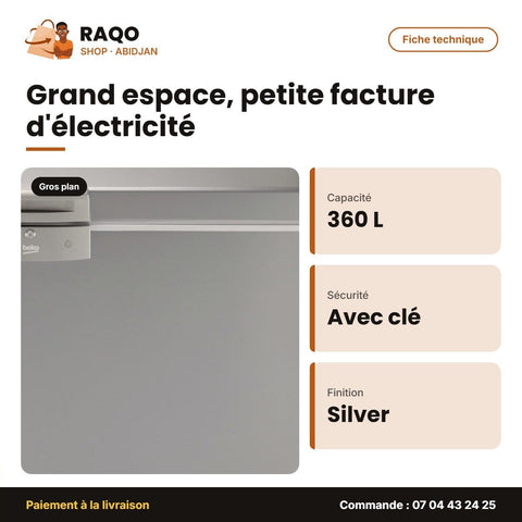 Congélateurhorizontal Beko – 360L – Silver – Avec Clé | BEKO_HSA-40502-S
