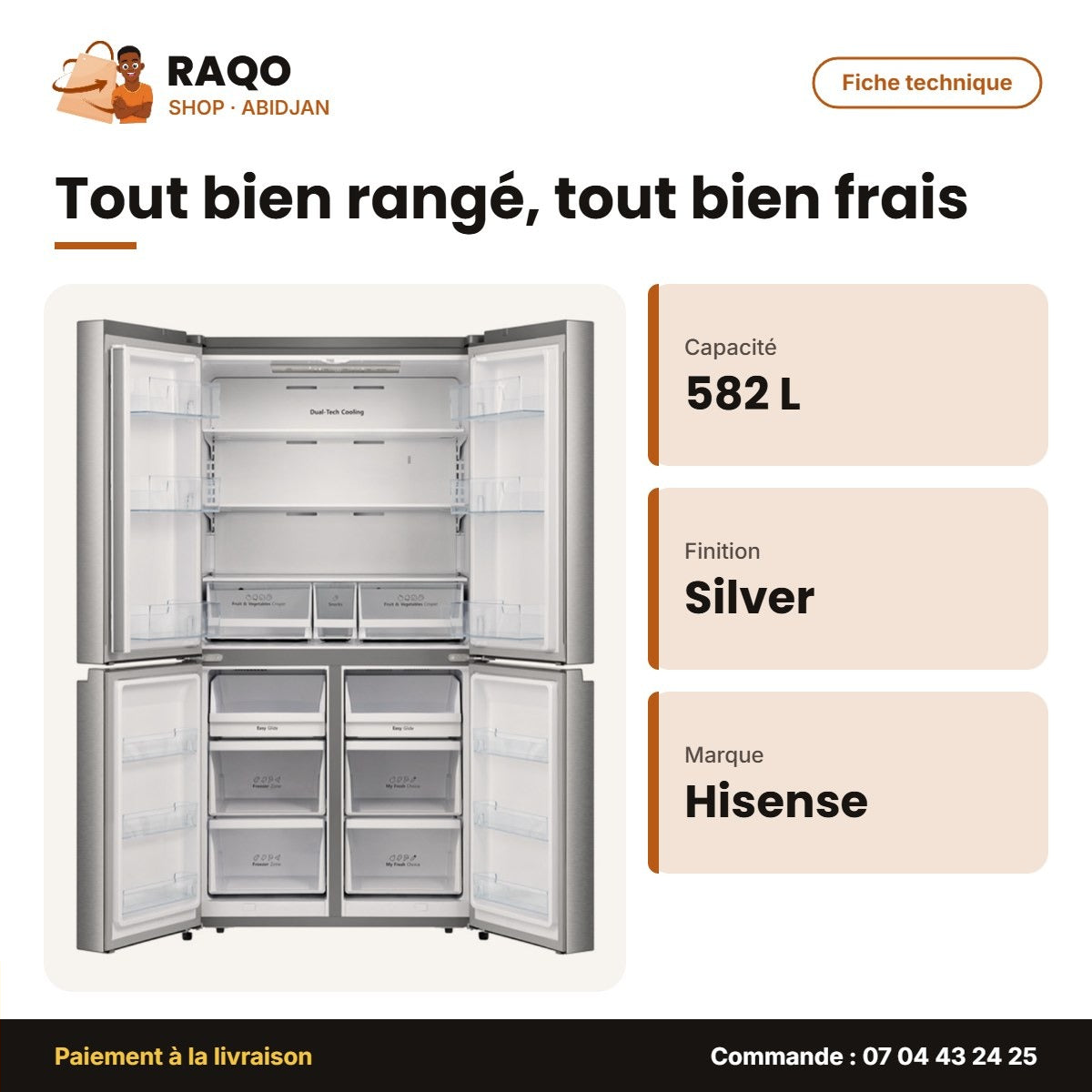 Réfrigérateur Combiné Américain Hisense – 4PORTES – 582L – Silver | RC-68WC4SA