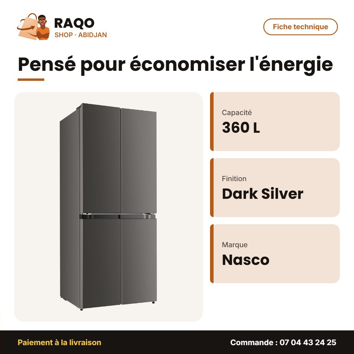 Réfrigérateur Combiné Nasco – 4 Portes – 360LT(230L+130L) – Dark Silver | NASF4-64FLN1