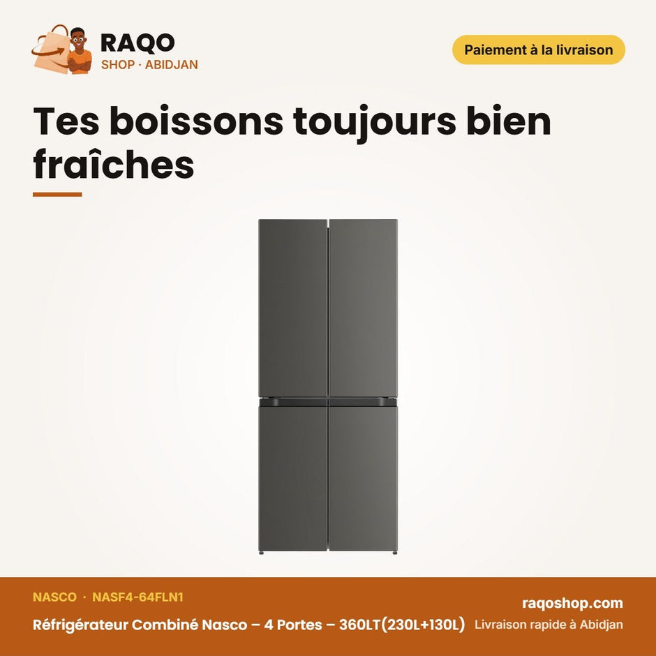Réfrigérateur Combiné Nasco – 4 Portes – 360LT(230L+130L) – Dark Silver | NASF4-64FLN1