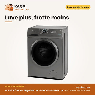 Machine à Laver 8kg Midea Front Load – Inverter Quatro – Healthguard – Titane | MF100W80B/T