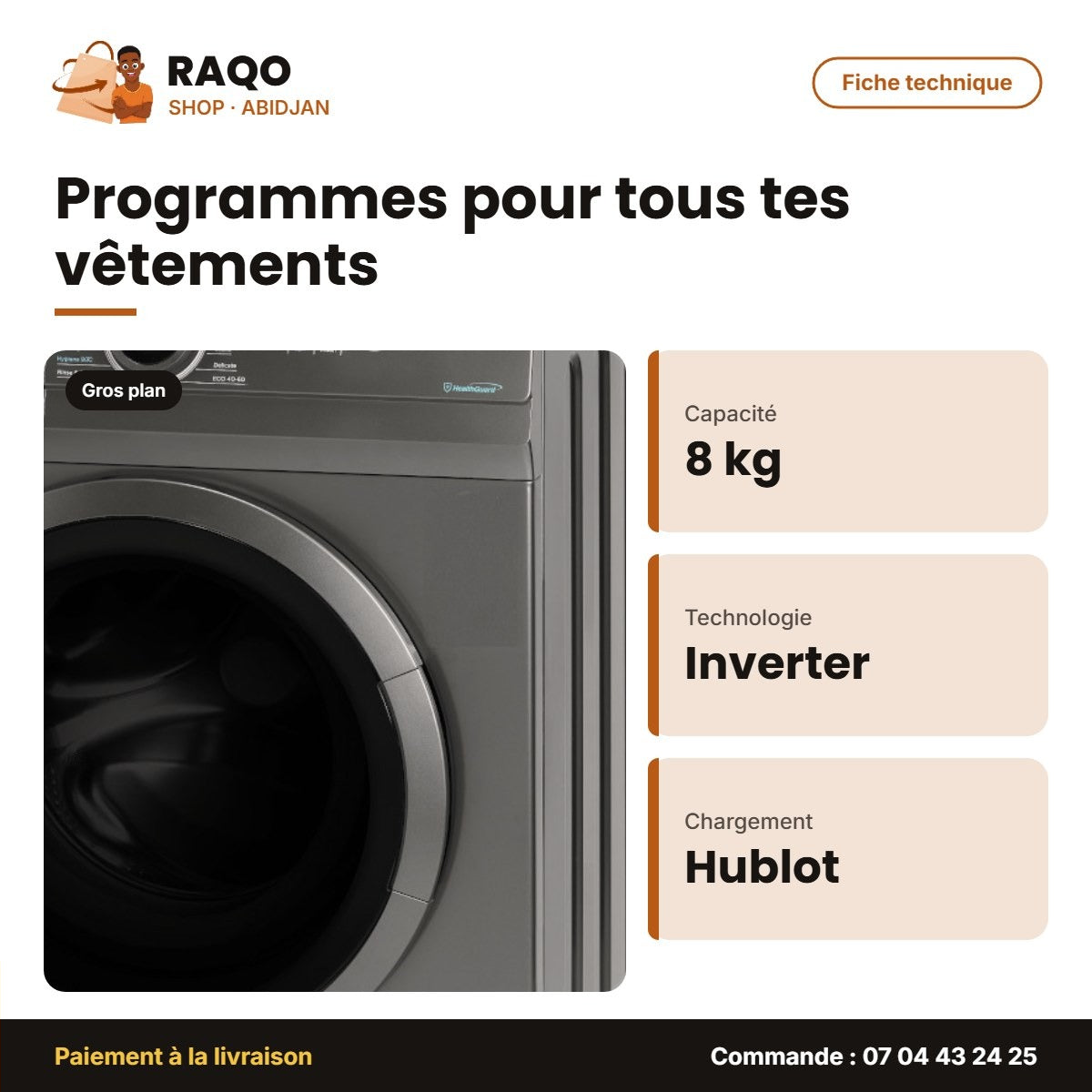 Machine à Laver 8kg Midea Front Load – Inverter Quatro – Healthguard – Titane | MF100W80B/T