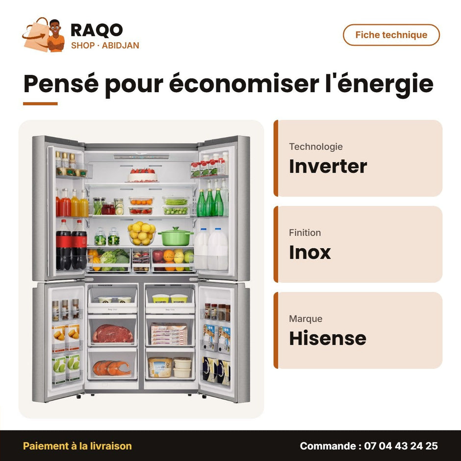 Réfrigérateur Hisense – 4 Portes – Inverter – Stainless Steel | RC-73WCR
