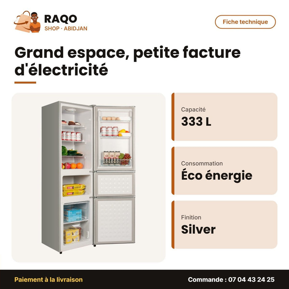 Réfrigérateur 3 Portes Nasco – 333 L – Silver – Economie D'energie | NASD3-333FL