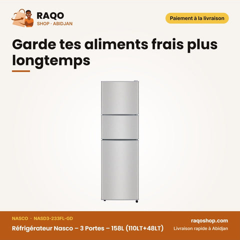 Réfrigérateur Nasco – 3 Portes – 158L (110LT+48LT) – Noir Miroir | NASD3-233FL-GD