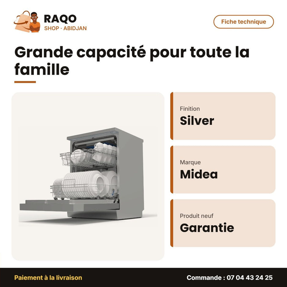 Lave Vaisselle Midea – 14 Couverts – Silver – 8 Programmes de Lavage | WQP12-7633