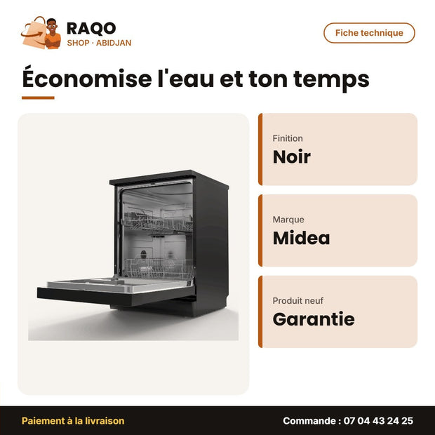 Lave Vaisselle Midea – 13 Couverts – Noir – 13 Réglages | WQP12-5201C