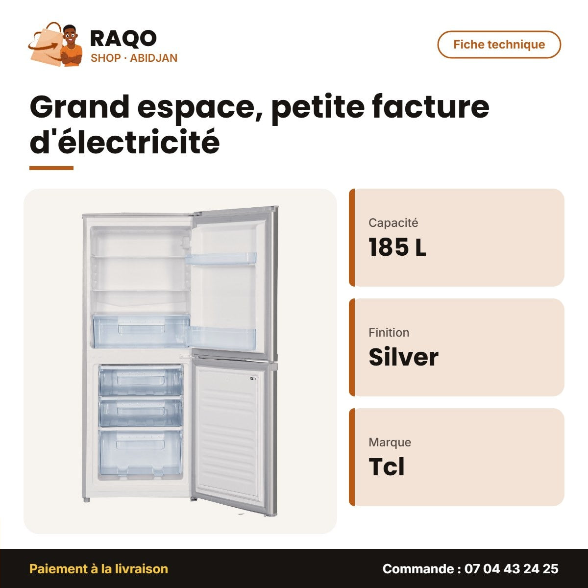 Réfrigérateur Combiné TCL – 185 L – Silver – 3 Tiroirs | TCL_F185BFS
