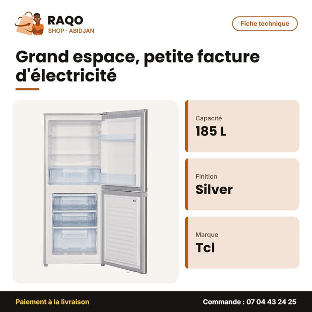 Réfrigérateur Combiné TCL – 185 L – Silver – 3 Tiroirs | TCL_F185BFS