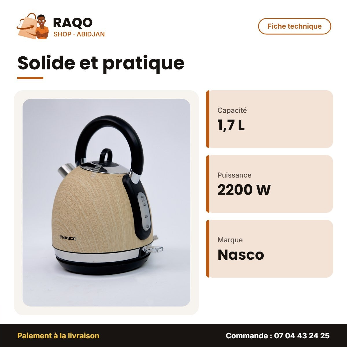 Bouilloire Électrique Nasco 1.7 Litres 2200W – 360° – Rev. en Bois | B_KE5501E-GS