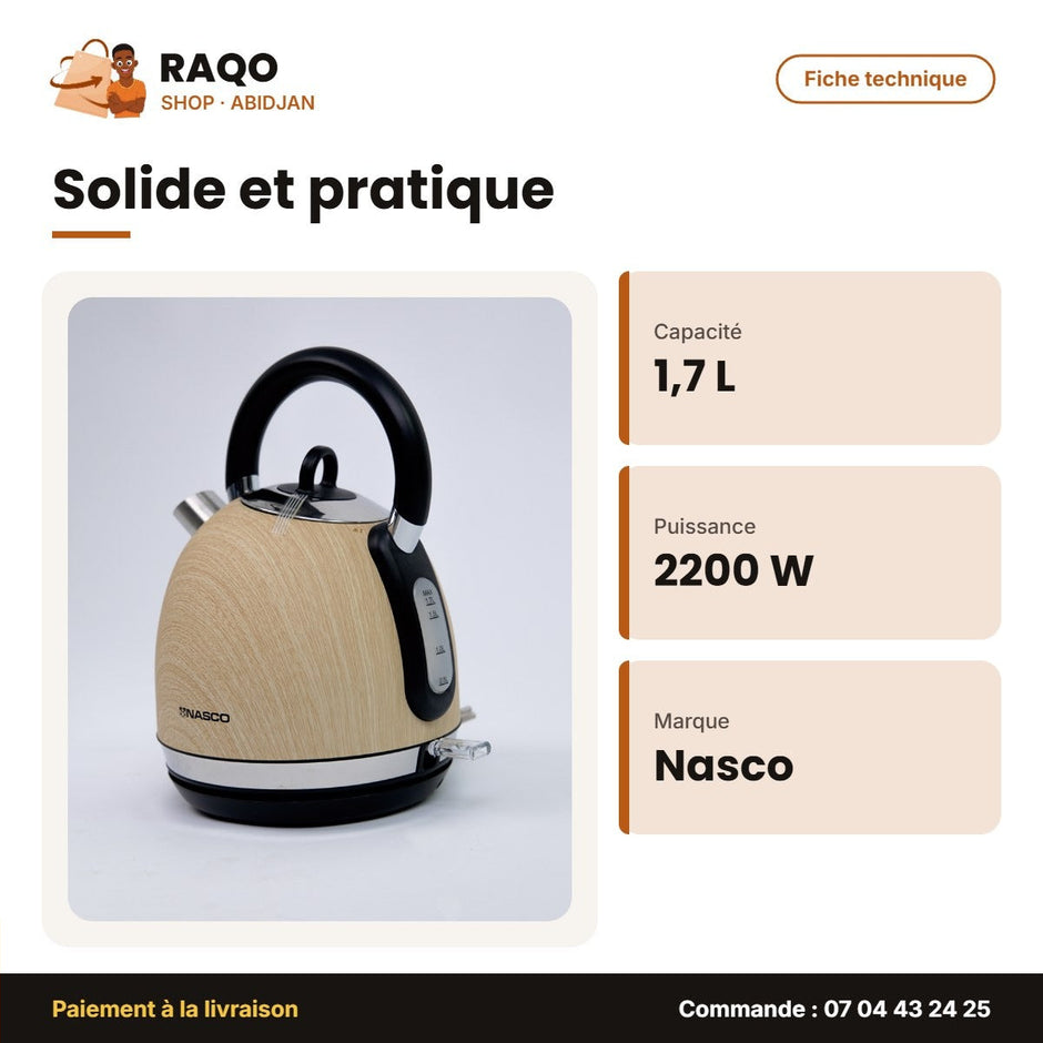 Bouilloire Électrique Nasco 1.7 Litres 2200W – 360° – Rev. en Bois | B_KE5501E-GS