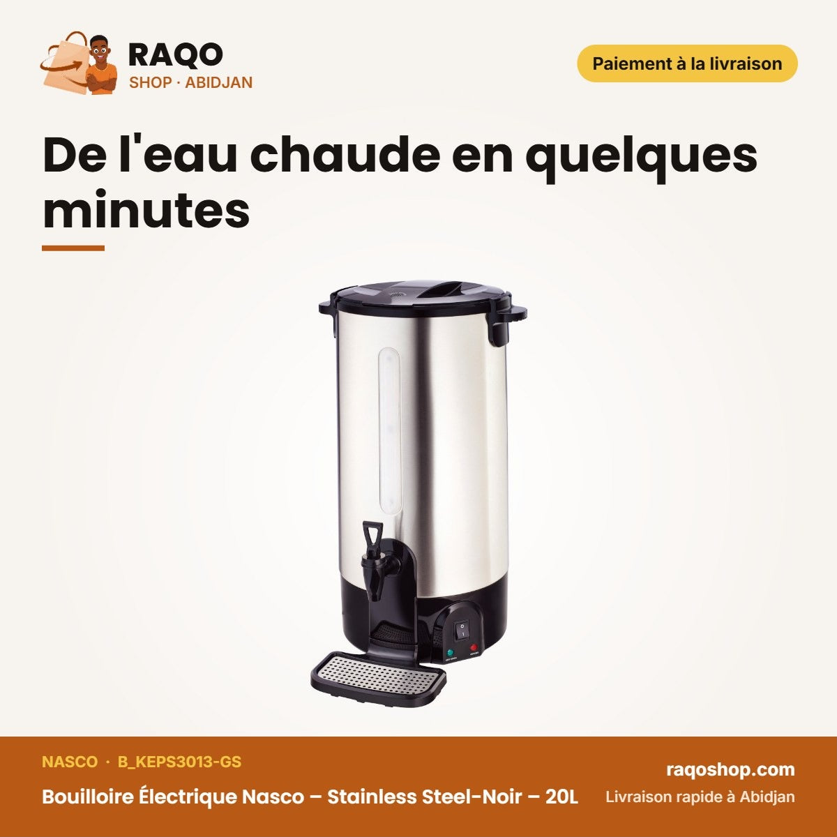 Bouilloire Électrique Nasco – Stainless Steel-Noir – 20L – Robinet | B_KEPS3013-GS