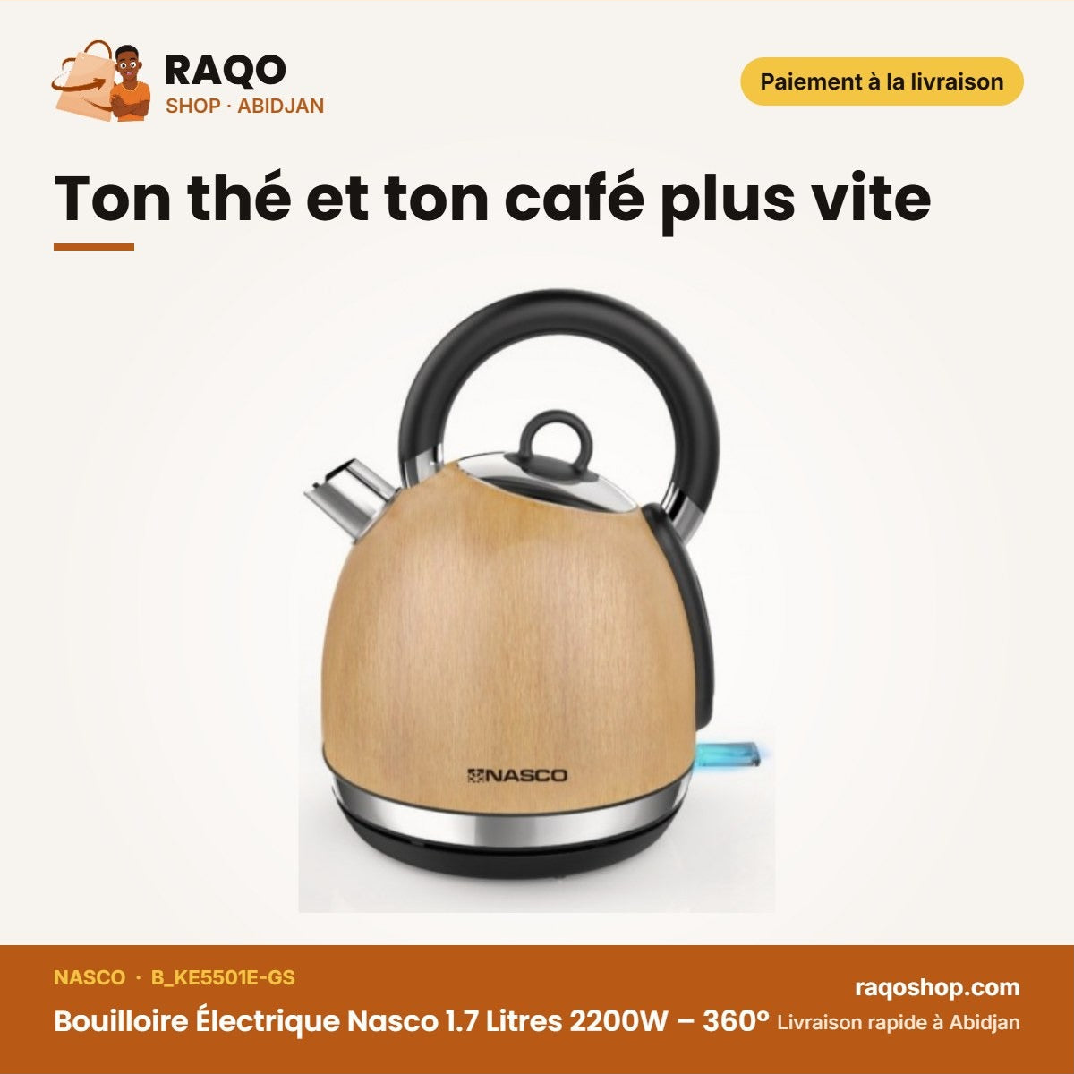 Bouilloire Électrique Nasco 1.7 Litres 2200W – 360° – Rev. en Bois | B_KE5501E-GS