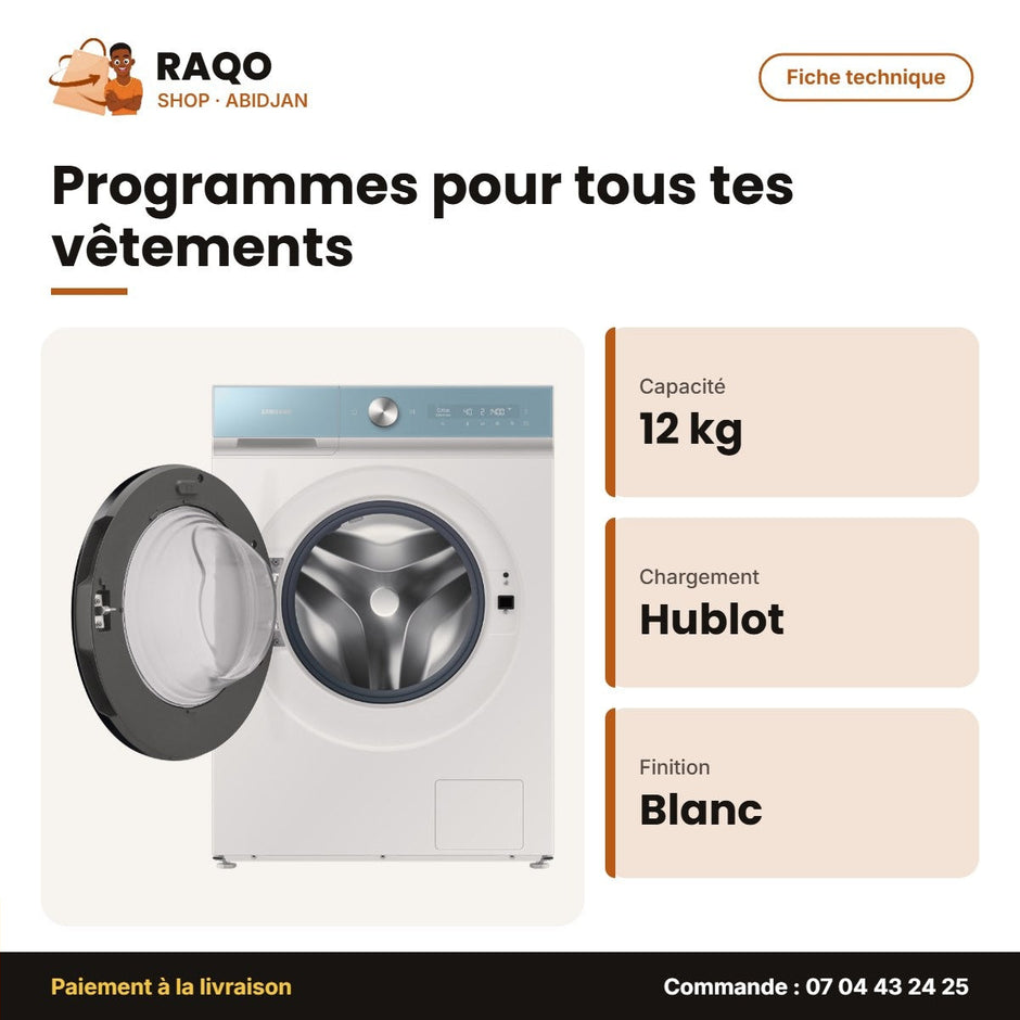 Machine à Laver 12kg Samsung – Front Load – Bespoke – Blanc-Bleu | WW12BB944DGMNQ