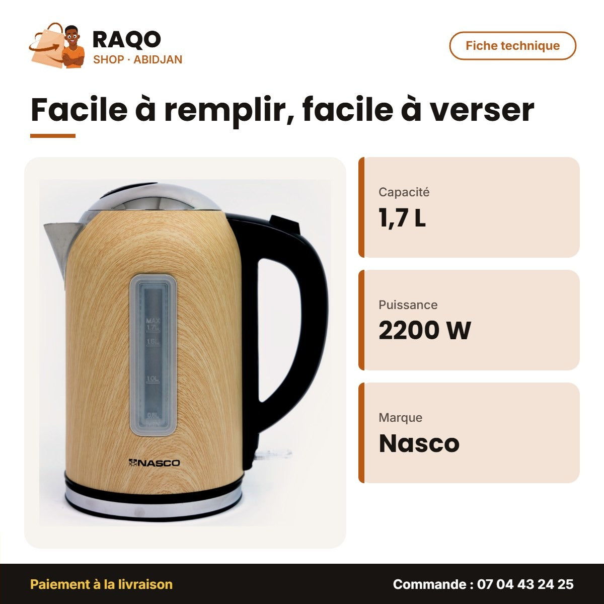 Bouilloire Électrique Nasco – 1.7 L – 1850-2200W – Sans Fil Elect. | B_KE01405Z-GS