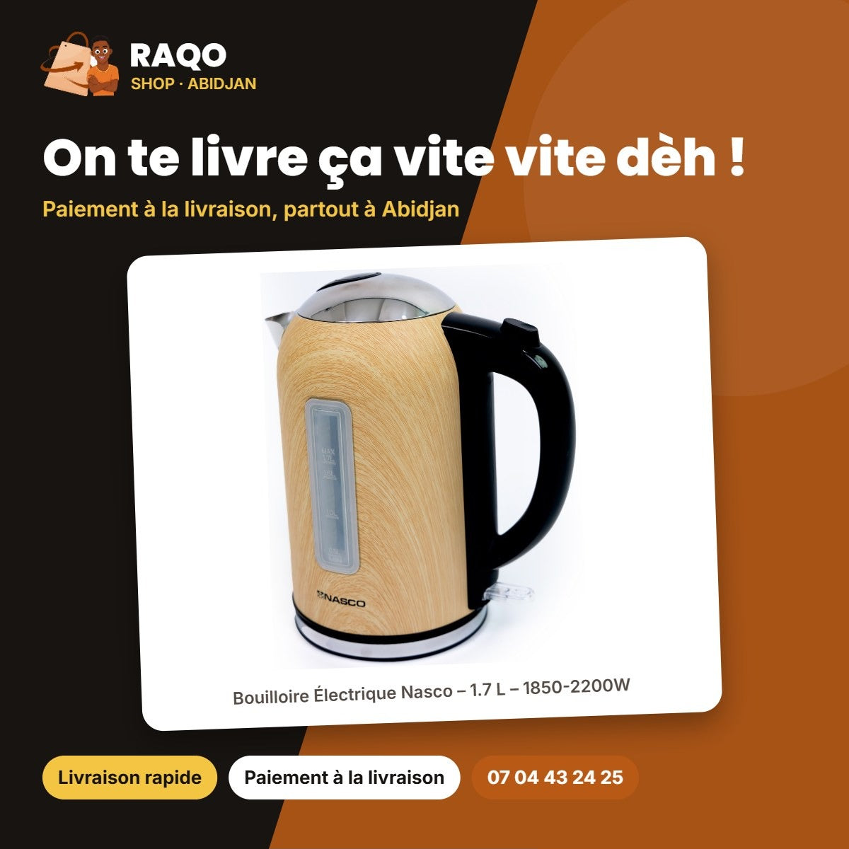 Bouilloire Électrique Nasco – 1.7 L – 1850-2200W – Sans Fil Elect. | B_KE01405Z-GS