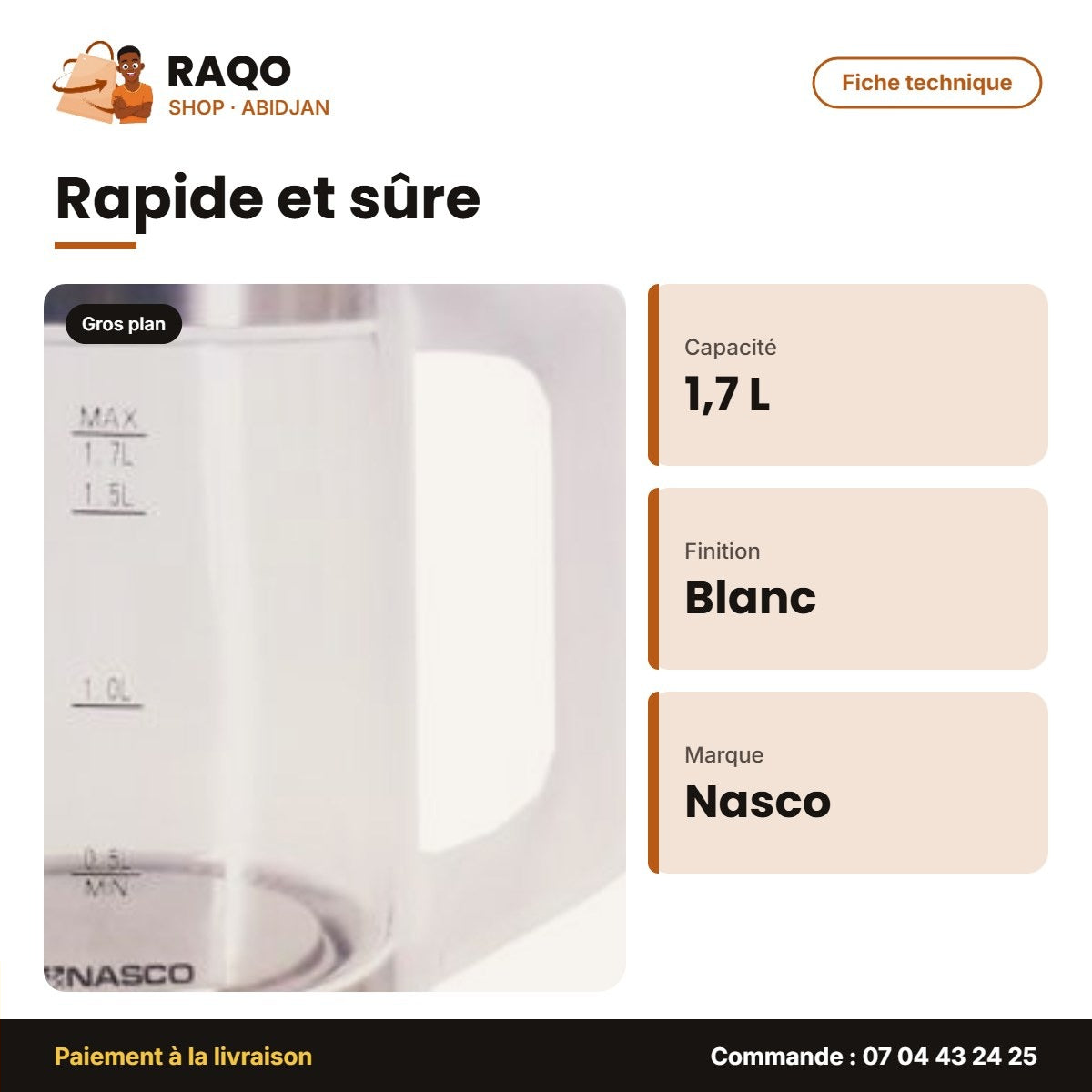 Bouilloire Électrique Nasco – 1.7 L – En Verre – Blanc | B_KEG-1706