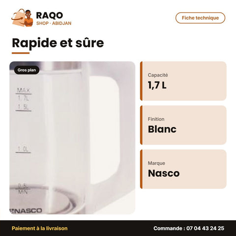 Bouilloire Électrique Nasco – 1.7 L – En Verre – Blanc | B_KEG-1706