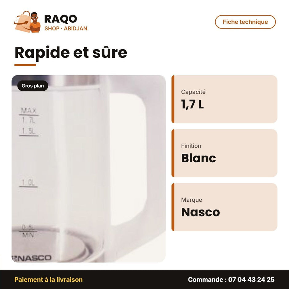 Bouilloire Électrique Nasco – 1.7 L – En Verre – Blanc | B_KEG-1706